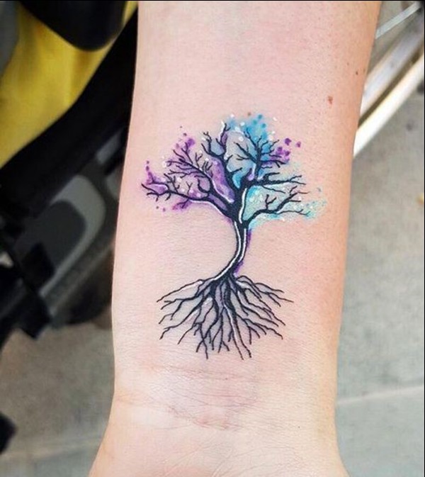 tree watercolor wrist tattoos