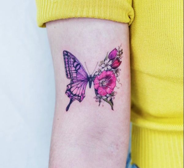 watercolor butterfly with flowers on arm