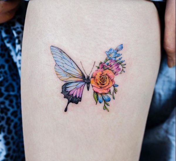 watercolor butterfly with rose flower on thigh