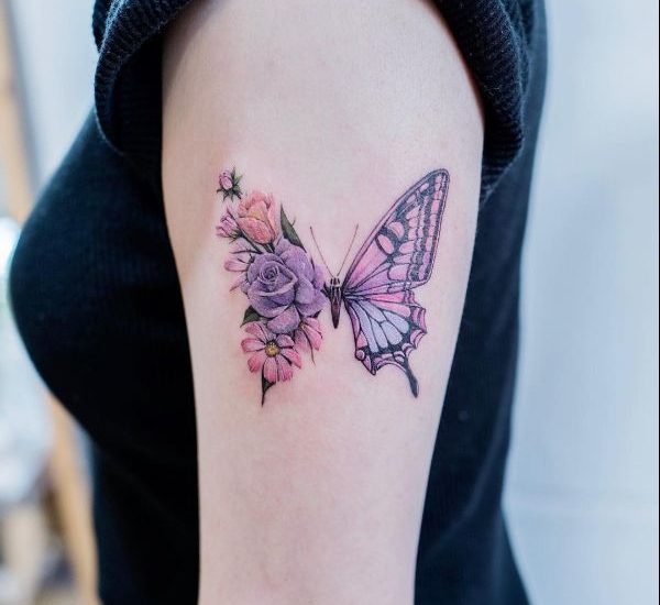 floral butterfly tattoo on arm for girls