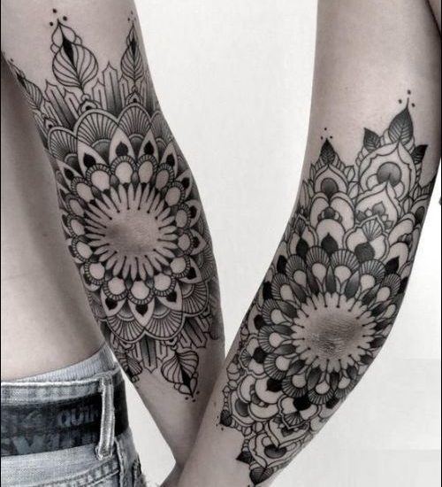 Mandala lotus flower on an elbow tattoo design for best friends,
