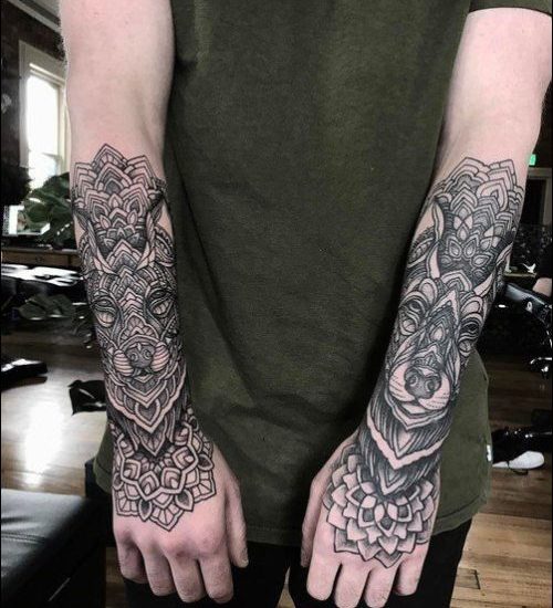 geometric dog mandala tattoo designs on both hands