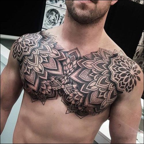 chest and shoulder with mandala lotus tattoo