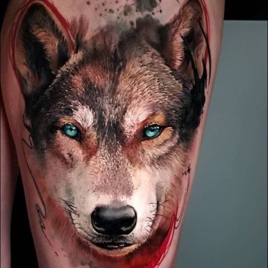 Blue eyes watercolor wolf tattoos designs