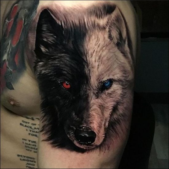 Blue and red eyes wolf on shoulder tattoos for men and women