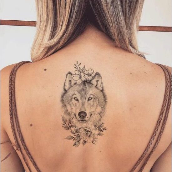 wolf and rose flowers tattoos on back