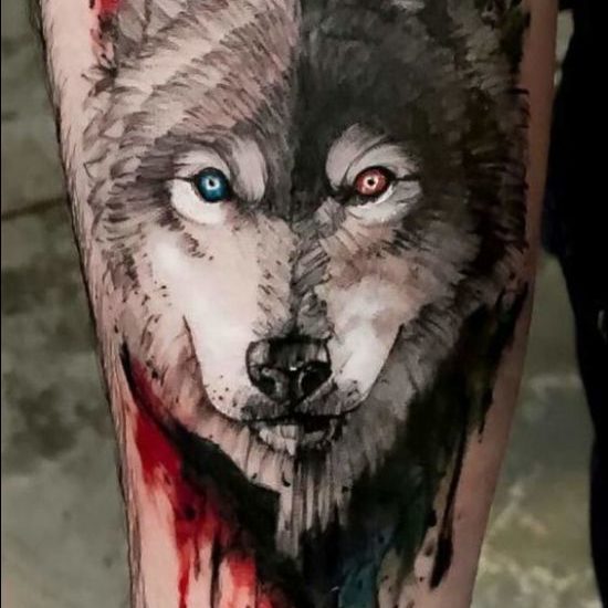 Traditional Japanese watercolor wolf tattoos