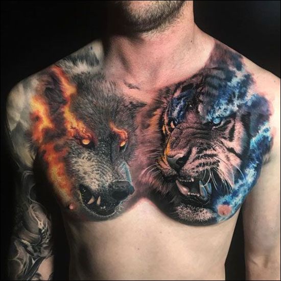 watercolor wolf and tiger tattoo on chest