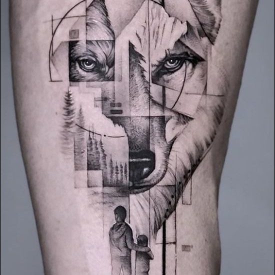 Geometric wolf tattoo designs for males and females on thighs
