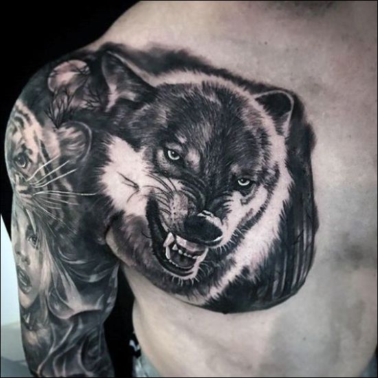 wolf tattoo designs on chest and tiger