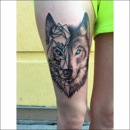 Geometric blue eyes wolf tattoo designs