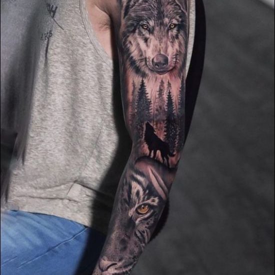 brown eyes wolf and tiger tattoo designs