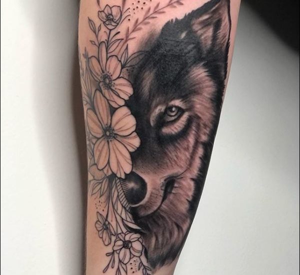 wolf and flowers tattoos designs