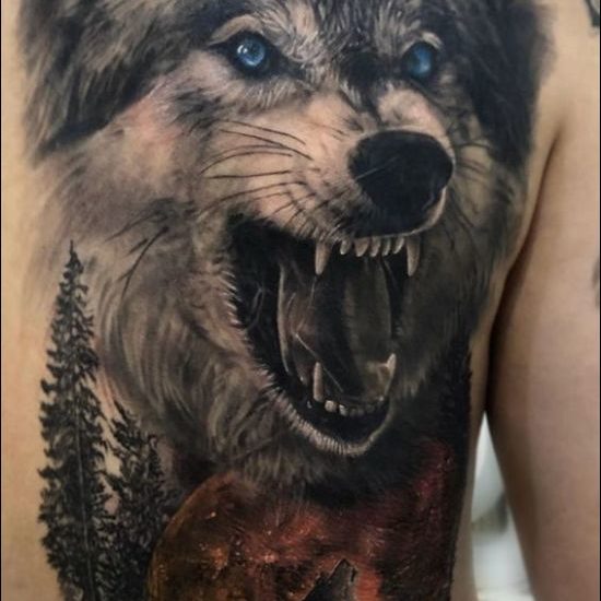 Blue eyes aggressive wolf tattoos designs on back