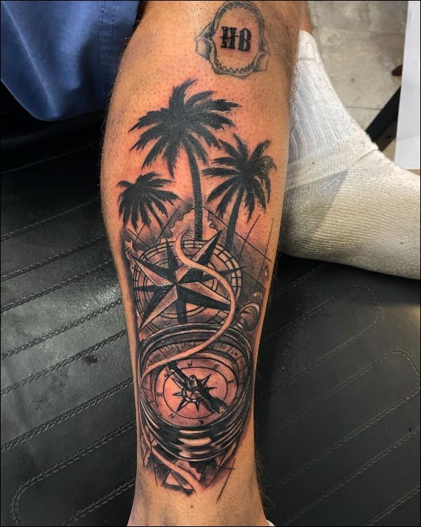 Compass and Palm Tree Forearm Sleeve Tattoo