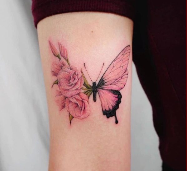 rose and butterfly tattoo on forearm for men and women