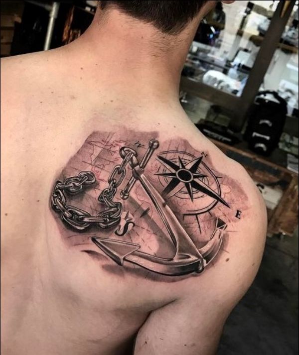 anchor with compass tattoo on back