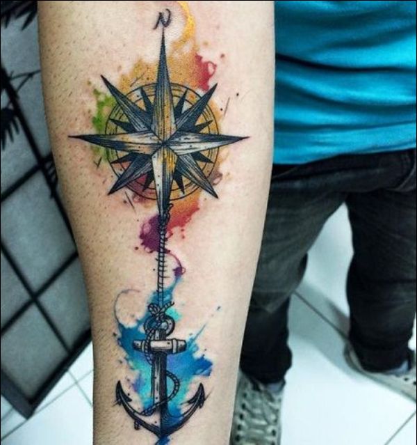 watercolor compass and anchor tattoo