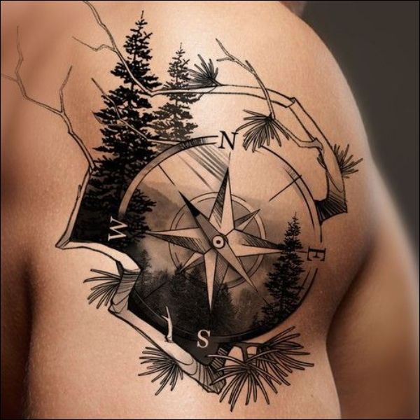 3d compass tattoo design on shoulder