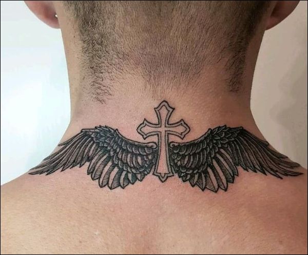 wing with cross tattoo design on neck