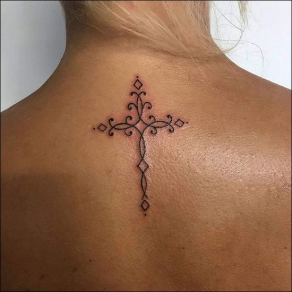beaituful cross tattoo design on back ideas for women