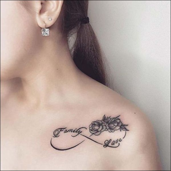 rose with infinity tattoo design on collar bone