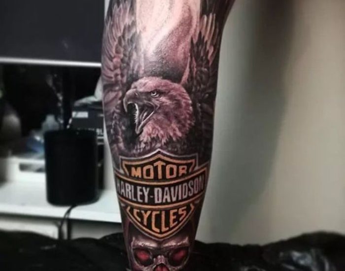 Eagle with skull and Harley Davidson tattoo designs on full sleeve