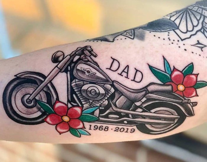 Harley Davidson tattoo design with a dark red rose