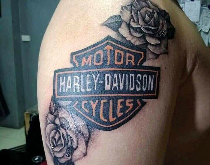 Harley Davidson logo with rose flower tattoo designs on shoulder