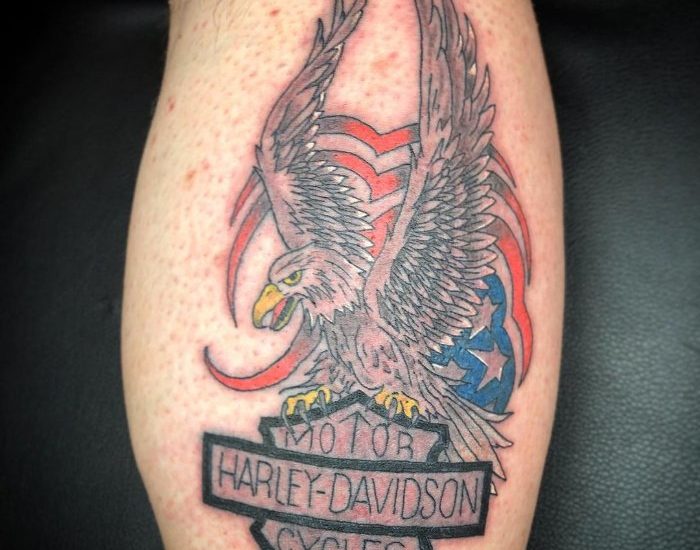 Eagle with The American flag and Harley Davidson tattoos