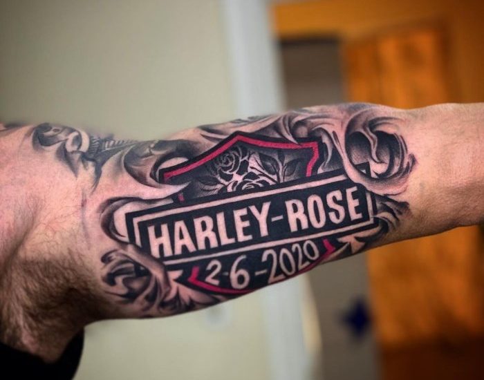 Memorial Harley Davidson tattoo for Rose on inner biceps