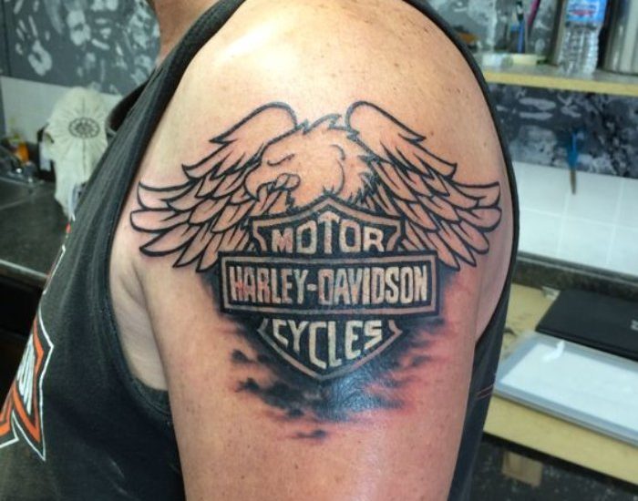 Harley Davidson tattoos with American Eagle and flag