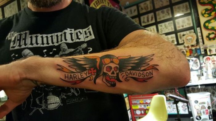 Harley Davidson and Skull with wings tattoo