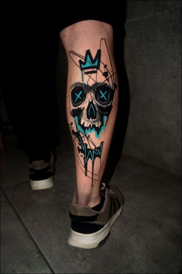 watercolor skull tattoo on leg for men and women