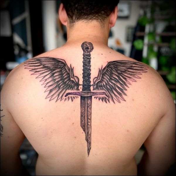 feather sword tattoo designs on back